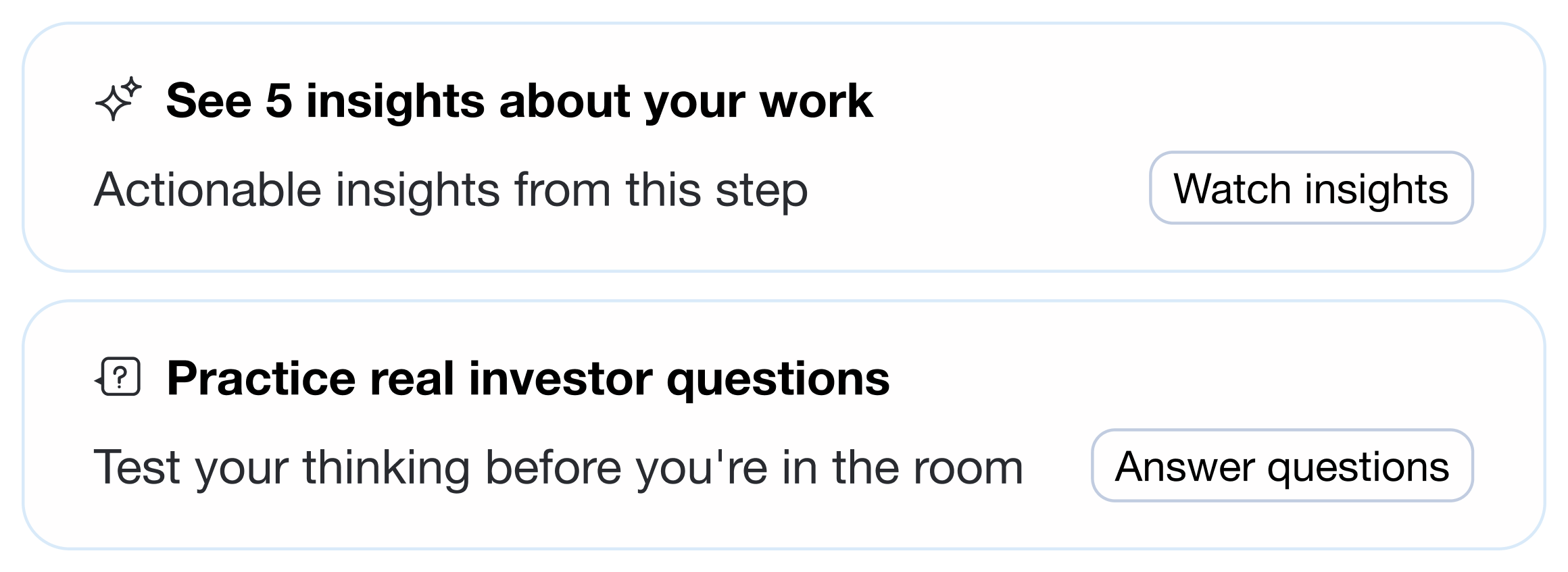 Optional cards: see insights, practice investor questions