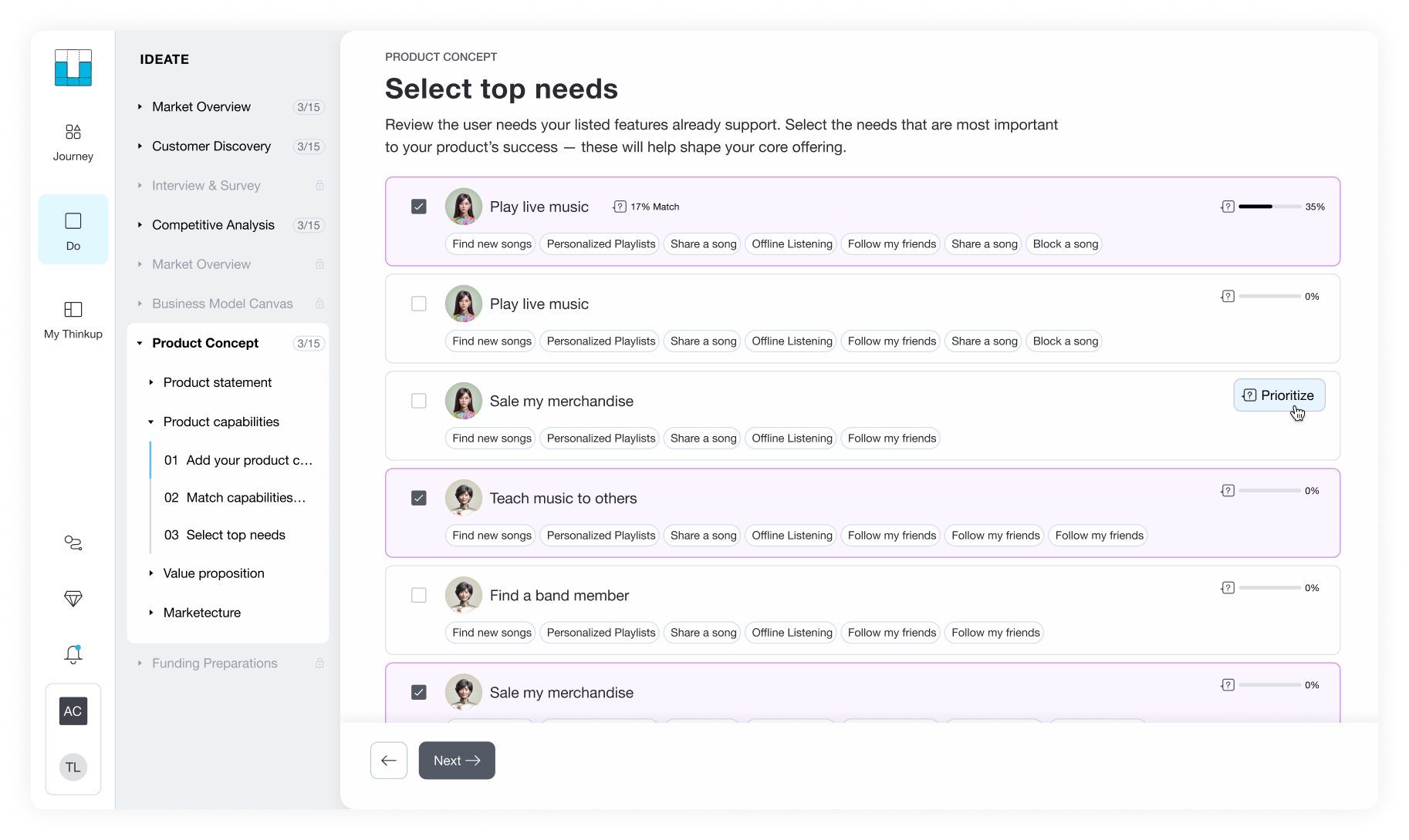Select top needs screen