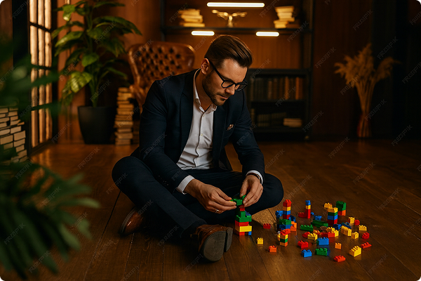 A founder building with toy blocks on the floor