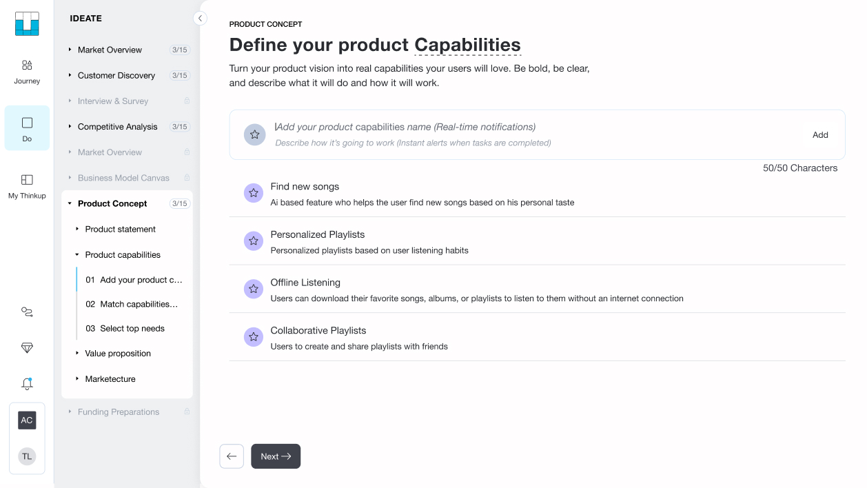Define your product Capabilities screen