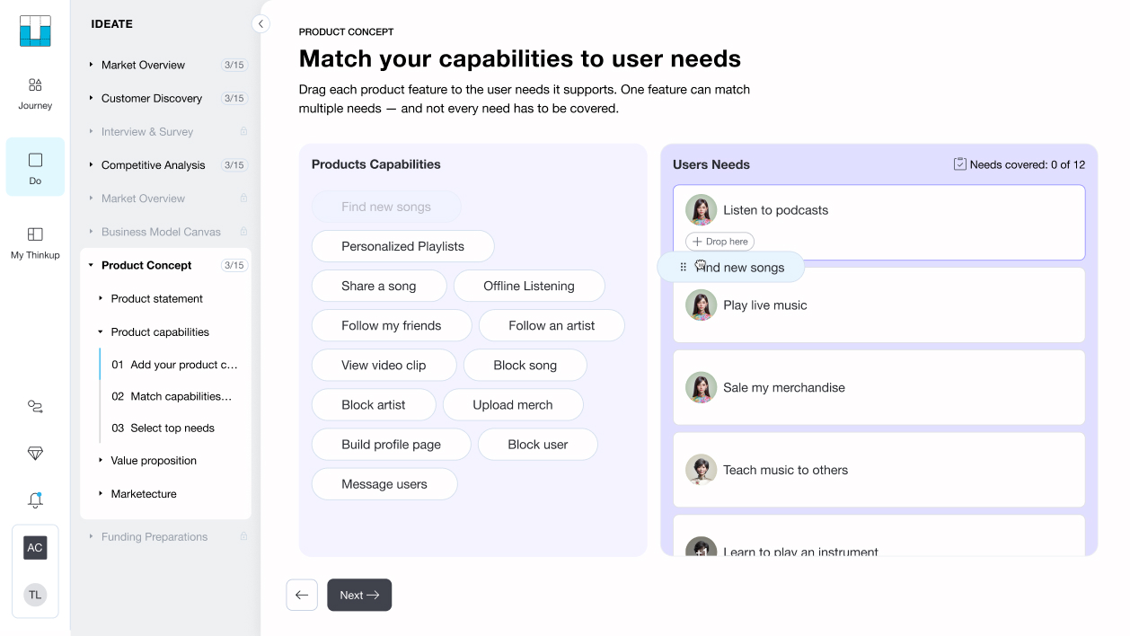 Match your capabilities to user needs screen