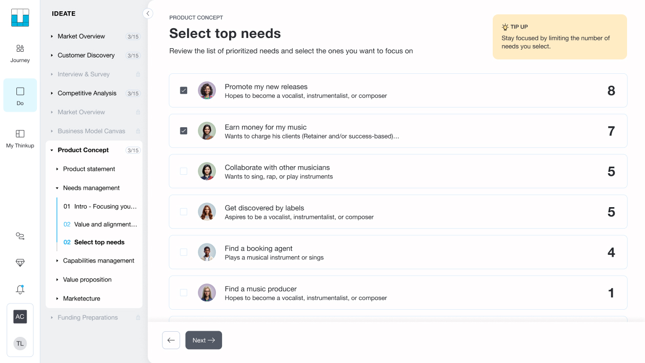 The Select top needs screen with two needs checked