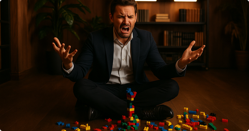 Frustrated man surrounded by lego blocks