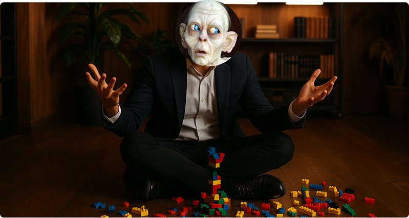 A founder with Gollum face surrounded by toy blocks