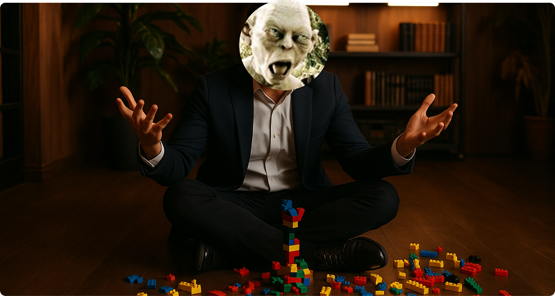 A founder with Gollum face surrounded by toy blocks