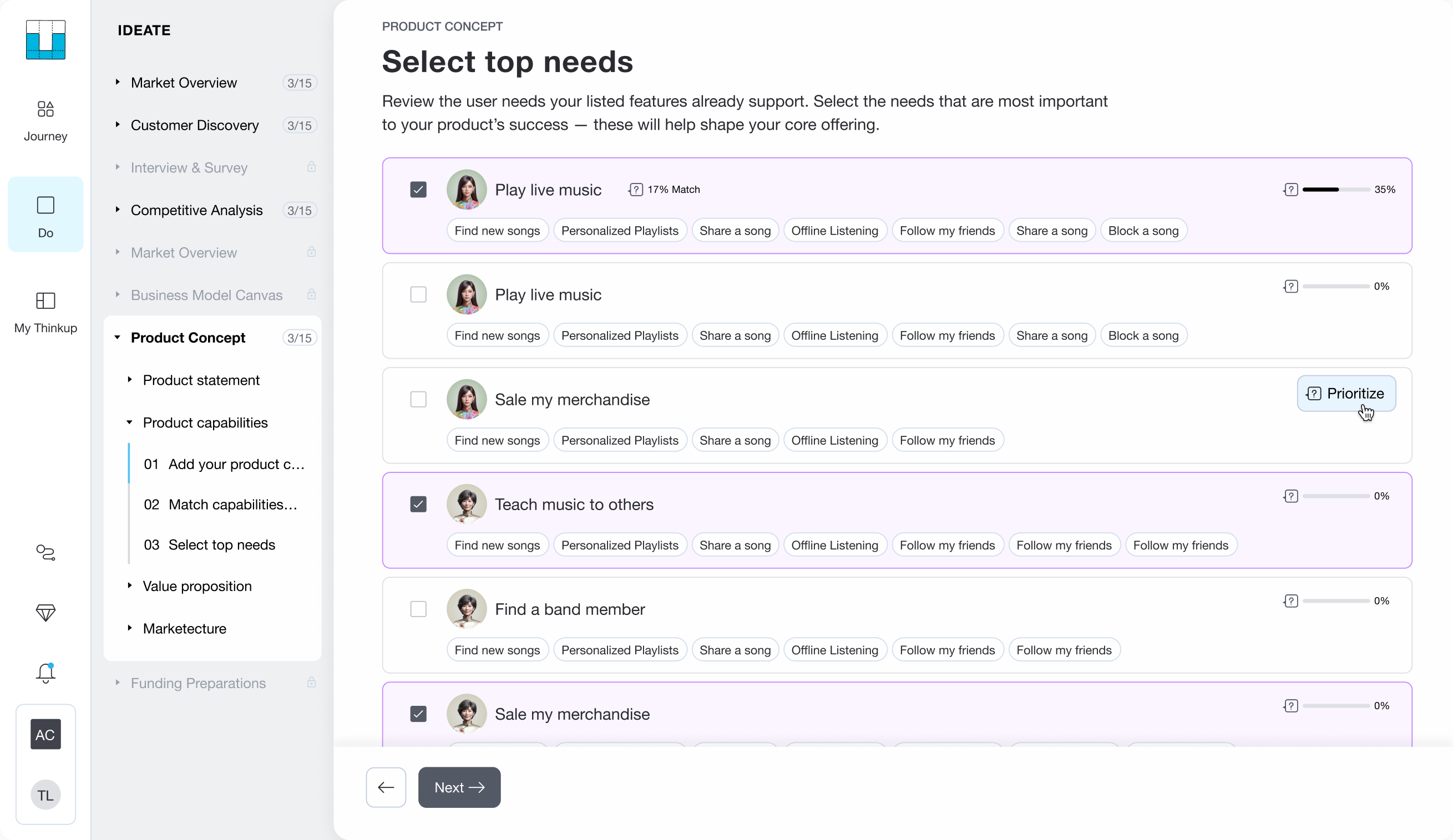Select top needs screen