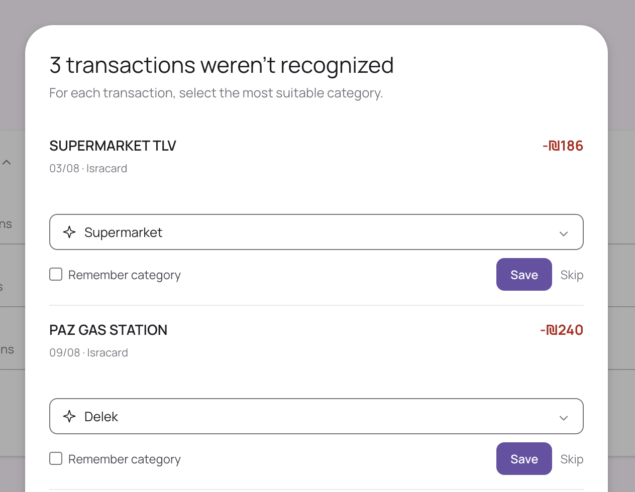 Confirming the transactions the app was unsure about